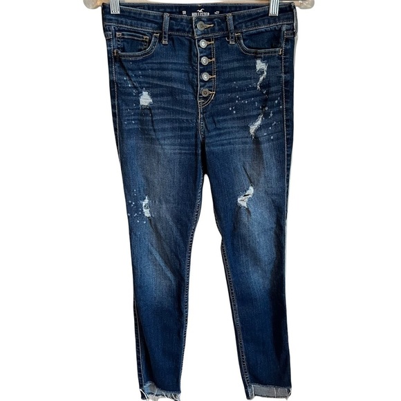 Hollister High Rise Button Fly Skinny Bleached Step Raw  Hem Denim Jeans - Picture 1 of 15